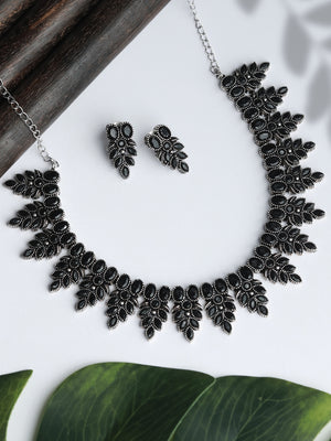 Black Stone Leaf Silver Plated Jewellery Set