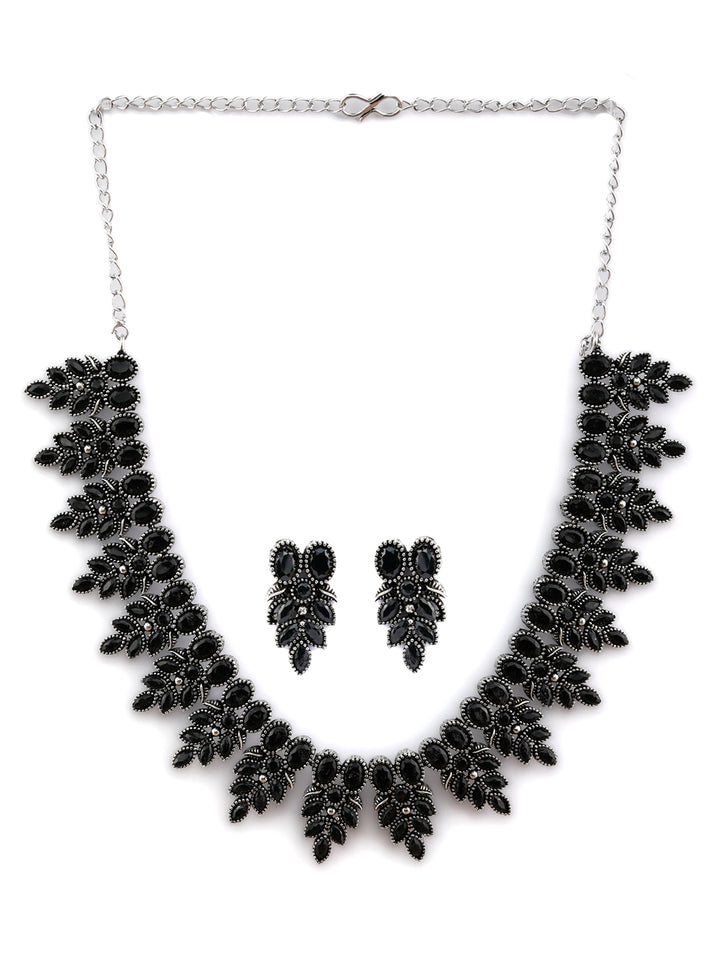 Black Stone Leaf Silver Plated Jewellery Set