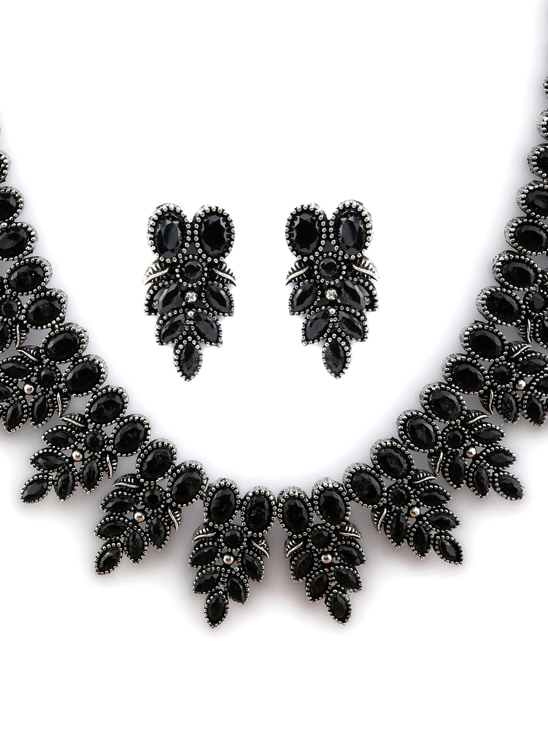 Black Stone Leaf Silver Plated Jewellery Set