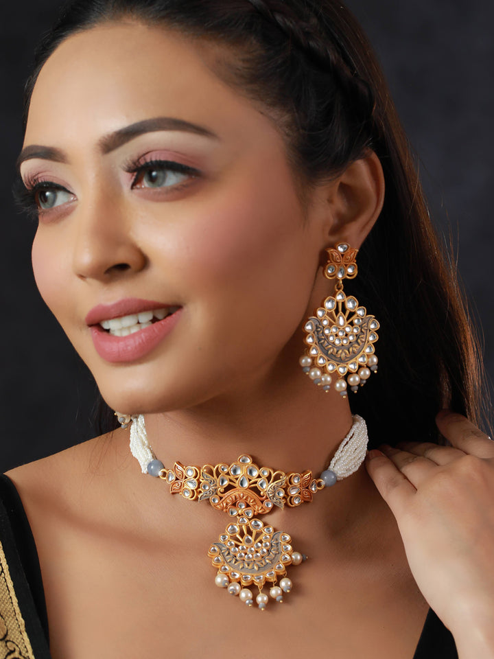 Priyaasi Grey & Gold Kundan Meenkari Jewellery Set