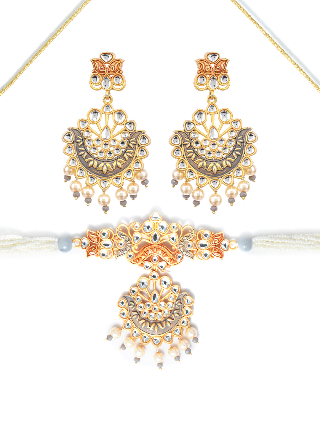 Priyaasi Grey & Gold Kundan Meenkari Jewellery Set