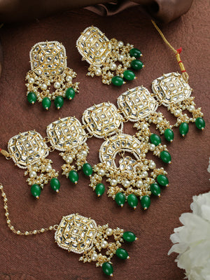 Priyaasi Green Floral Kundan Gold Plated Jewellery Set with Maagtikka