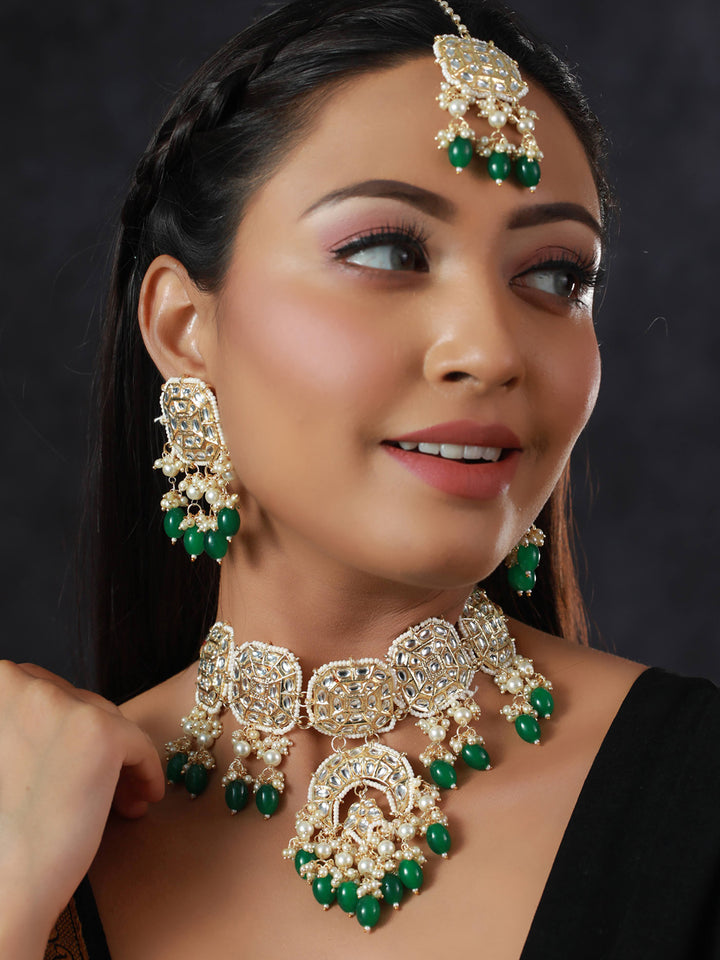 Priyaasi Green Floral Kundan Gold Plated Jewellery Set with Maagtikka