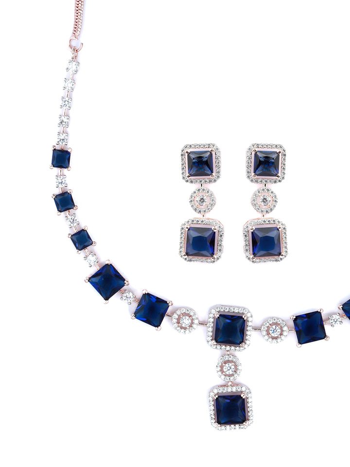Elegant Blue American Diamond Rose Gold Jewellery Set