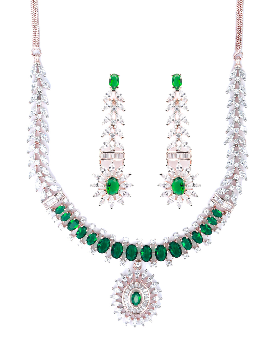 Green American Diamond Rose Gold Jewellery Set