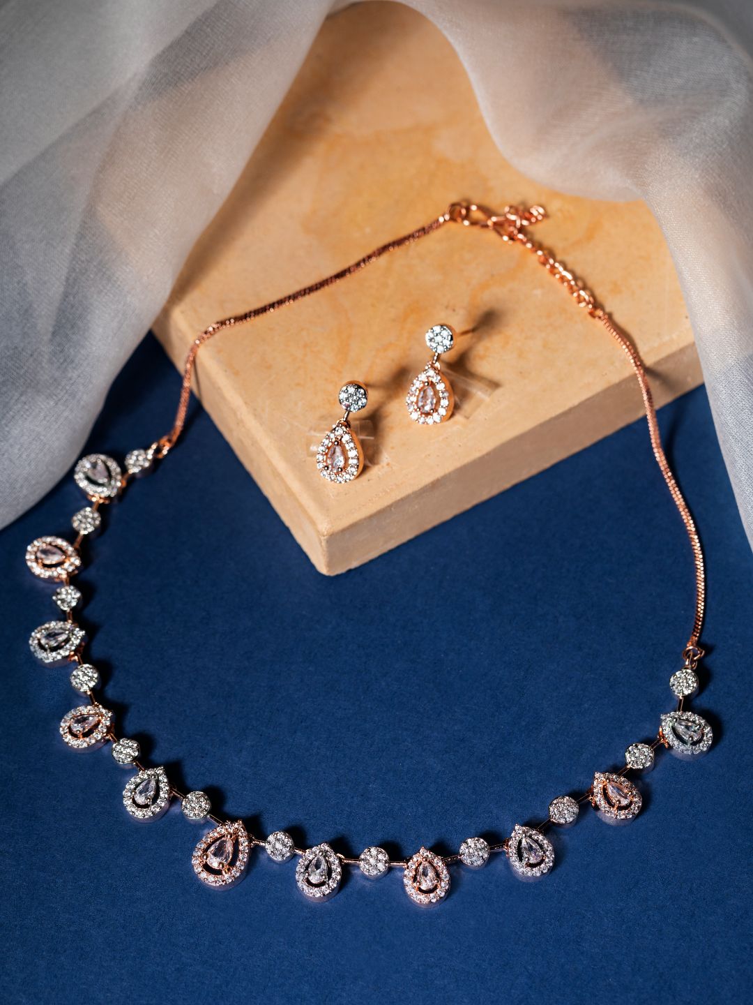 Elegant Teardrop Shaped American Diamond Rose Gold Jewellery Set