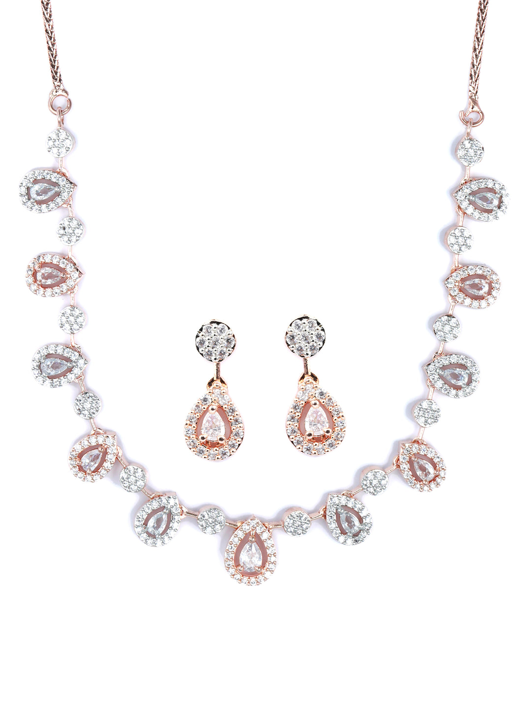 Elegant Teardrop Shaped American Diamond Rose Gold Jewellery Set