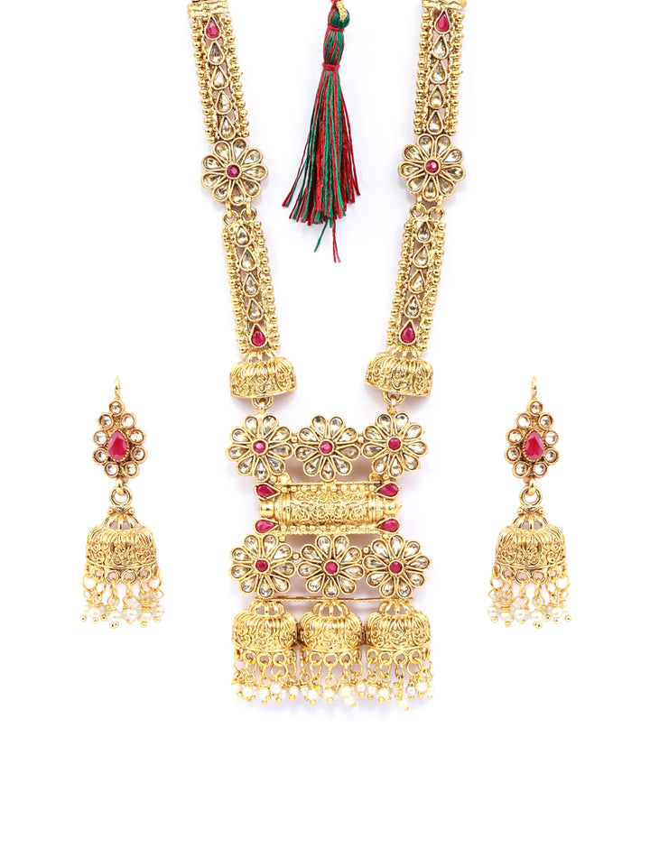 Traditional Pink Stones Gold Plated Floral Jewellery Sets