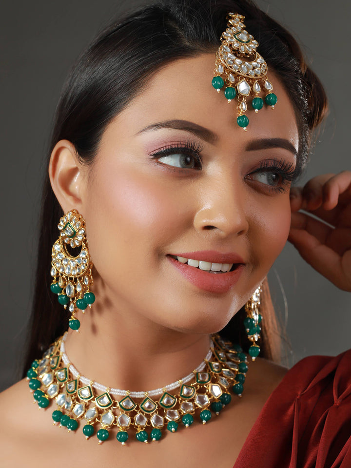 Priyaasi Kundan Green Stone Studded Gold Plated Choker Jewellery Set