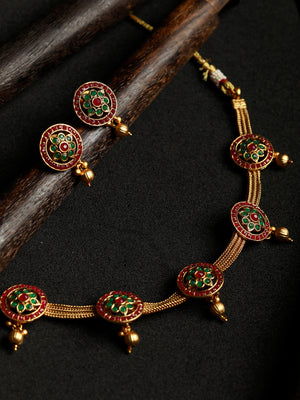 Green & Ruby Floral Gold Plated Jewellery Set