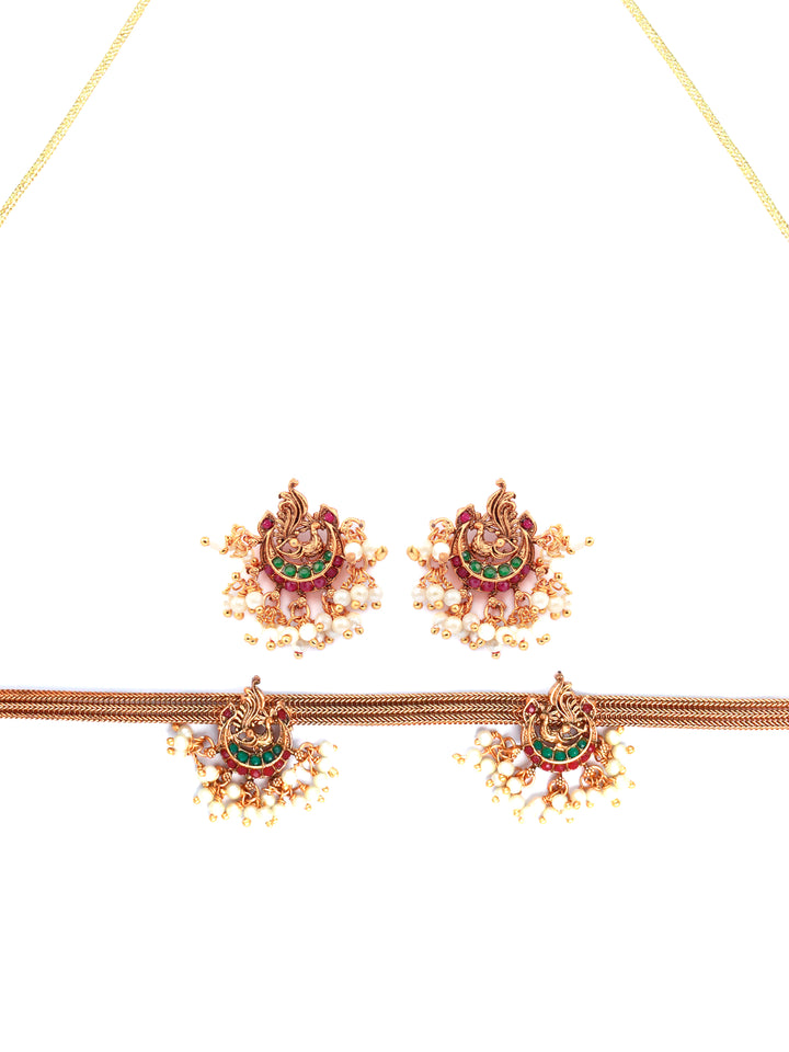 Priyaasi Ruby & Green Peacock Gold Plated Jewellery Set