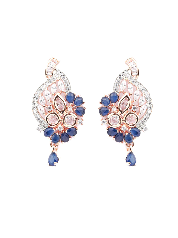 Blue American Diamond Rose Gold Pendant & Earring Set
