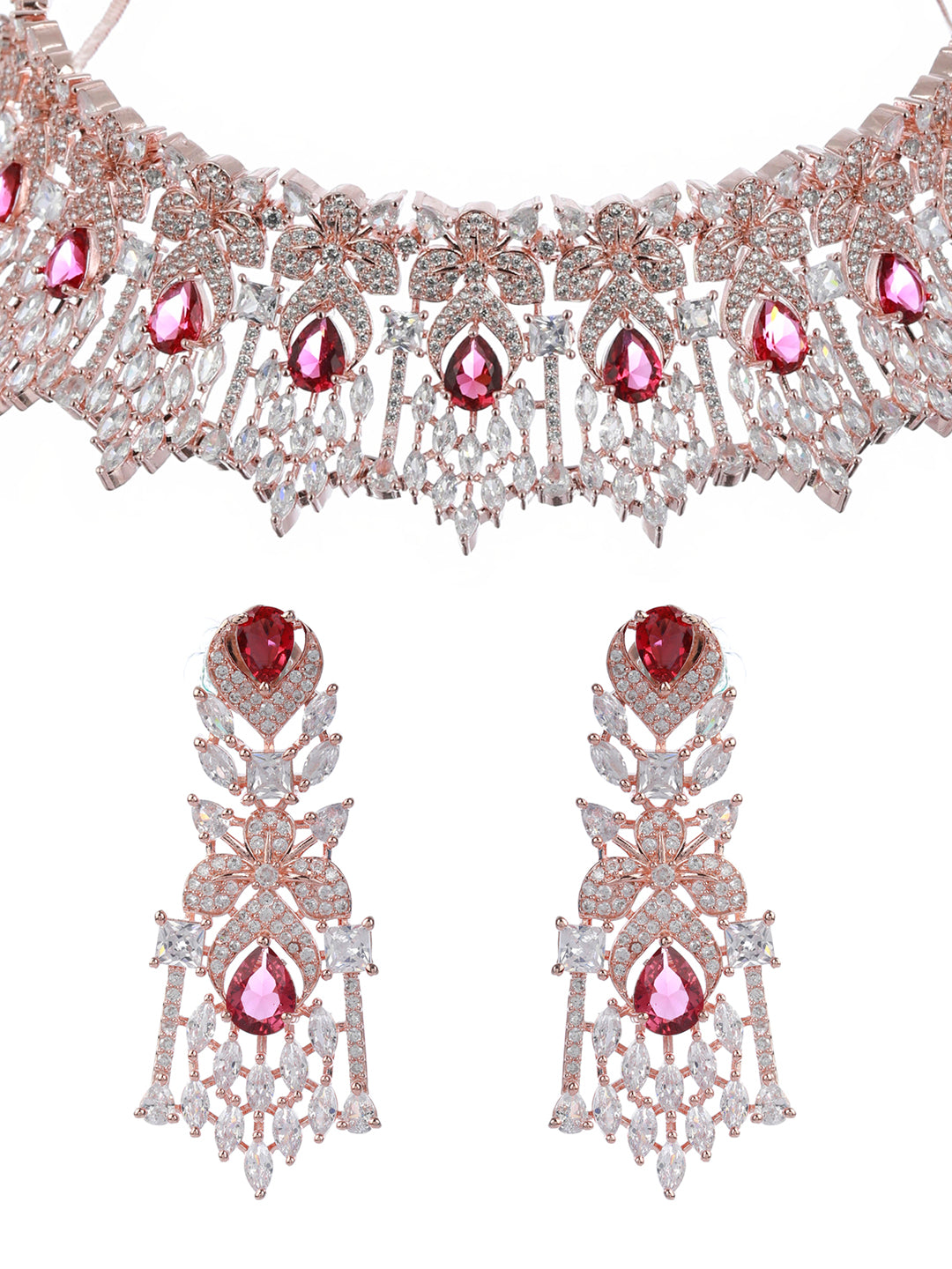 Pink Stones American Diamond Rose Gold Plated Jewellery Set – Priyaasi