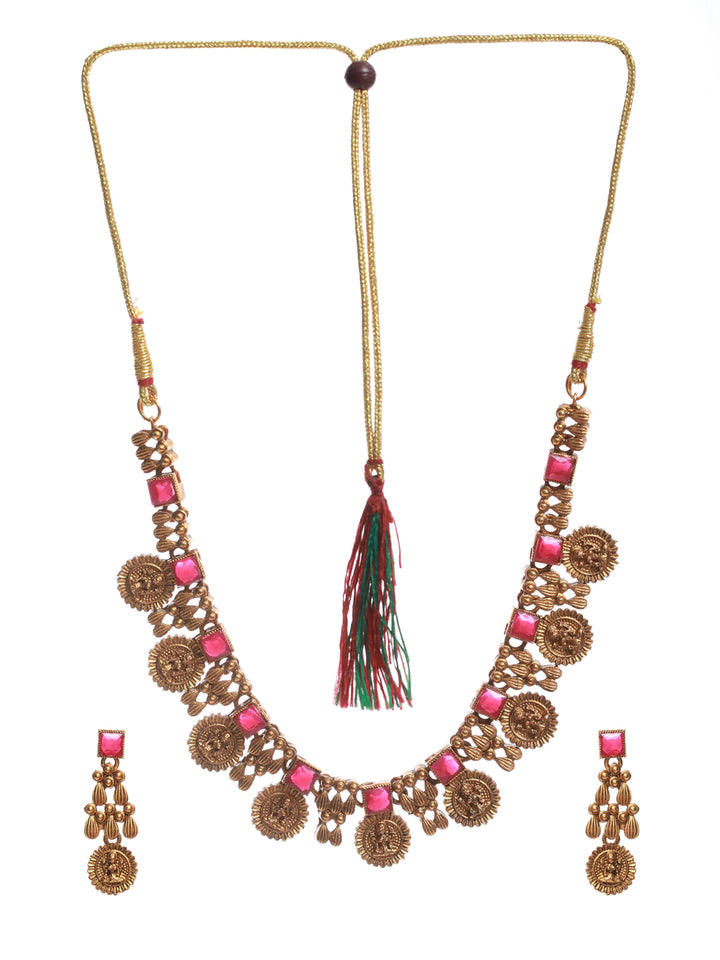 Priyaasi Goddess Laxmi Pink Stone Studded Gold Plated Jewellery Set