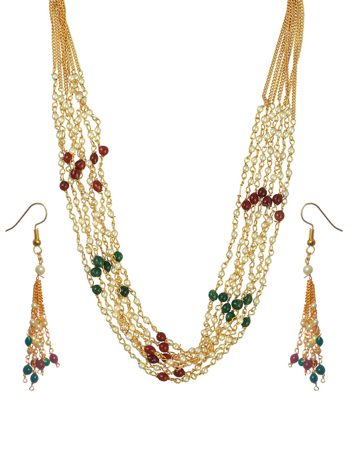 Priyaasi Multicolor Layered Pearl Chain Gold Plated Jewellery Set