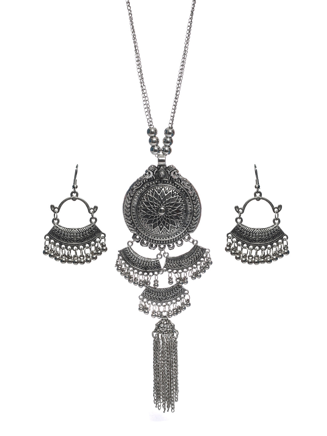 Priyaasi Oxidised Silver Long Floral Tasseled Jewellery Set