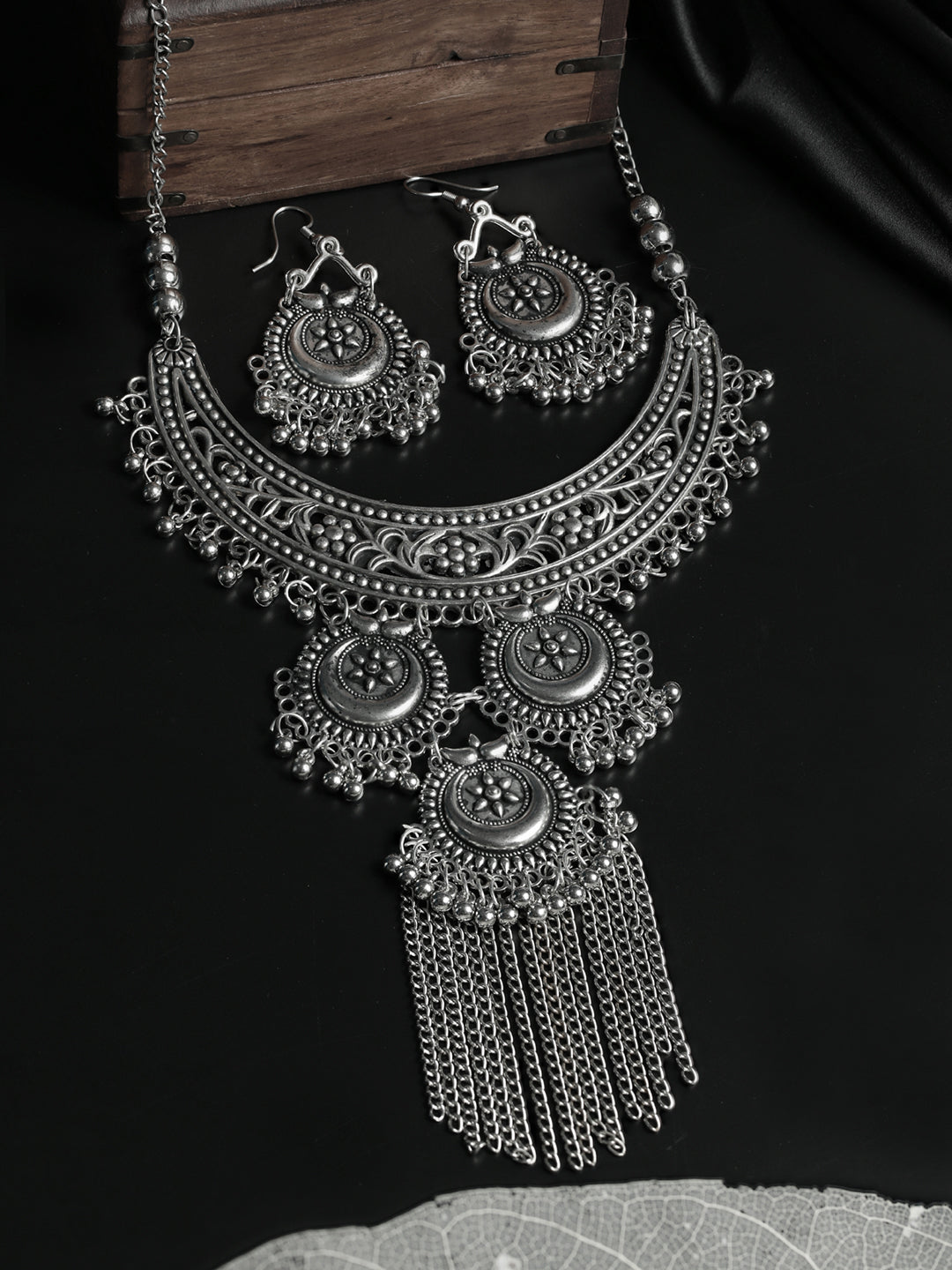 Priyaasi Oxidised Silver Floral Tasseled Jewellery Set