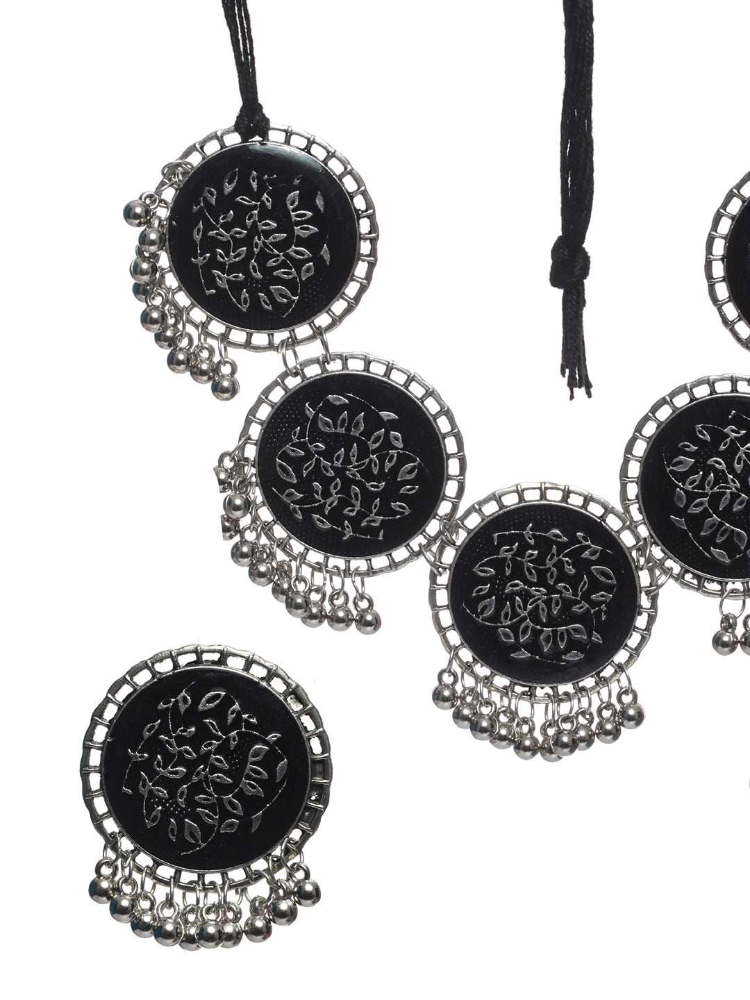 Priyaasi Oxidised Silver Round Black Floral Jewellery Set