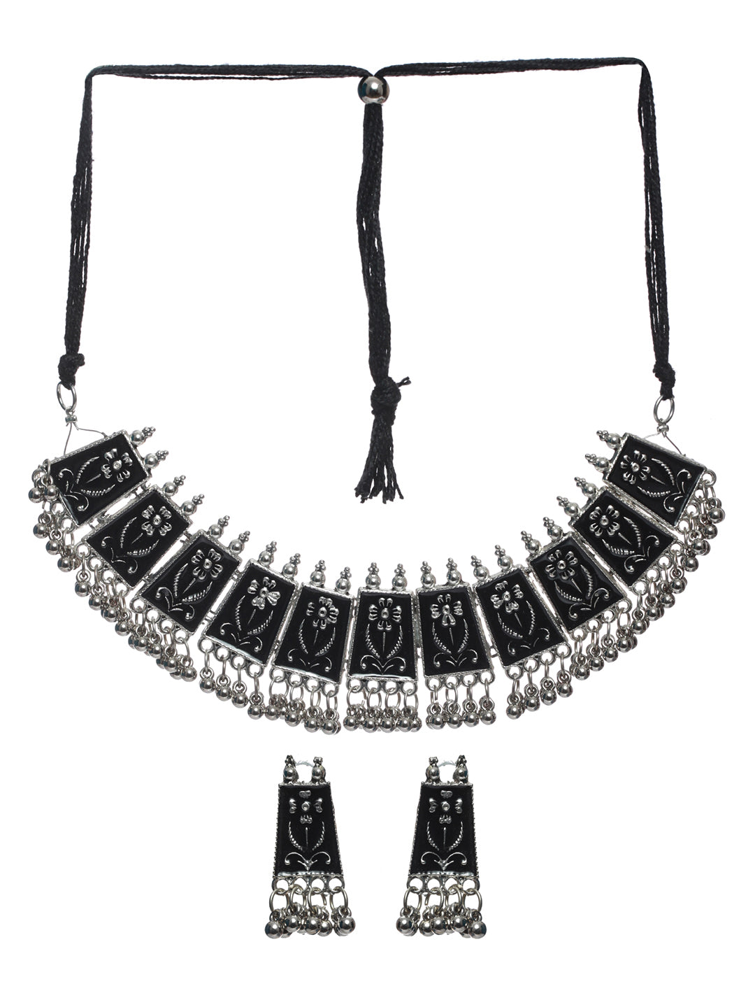 Priyaasi Black Floral Long Block Oxidised Silver Jewellery Set