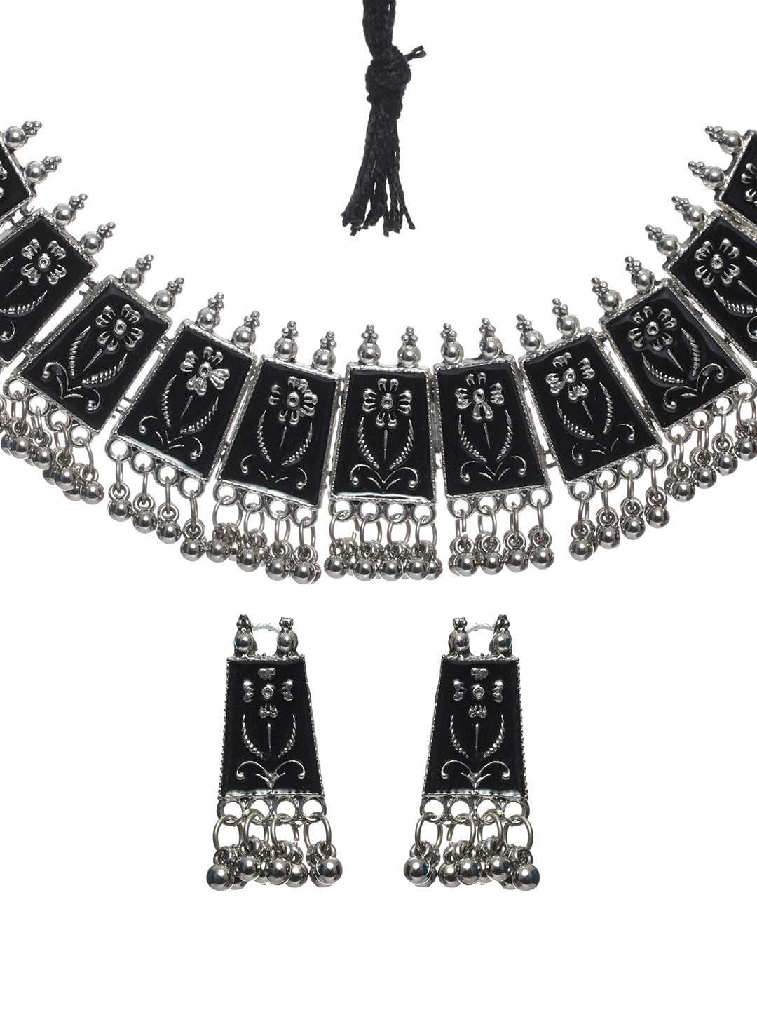 Priyaasi Black Floral Long Block Oxidised Silver Jewellery Set