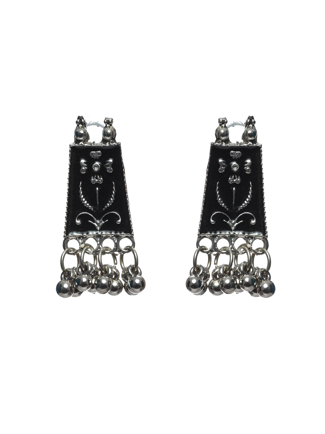 Priyaasi Black Floral Long Block Oxidised Silver Jewellery Set