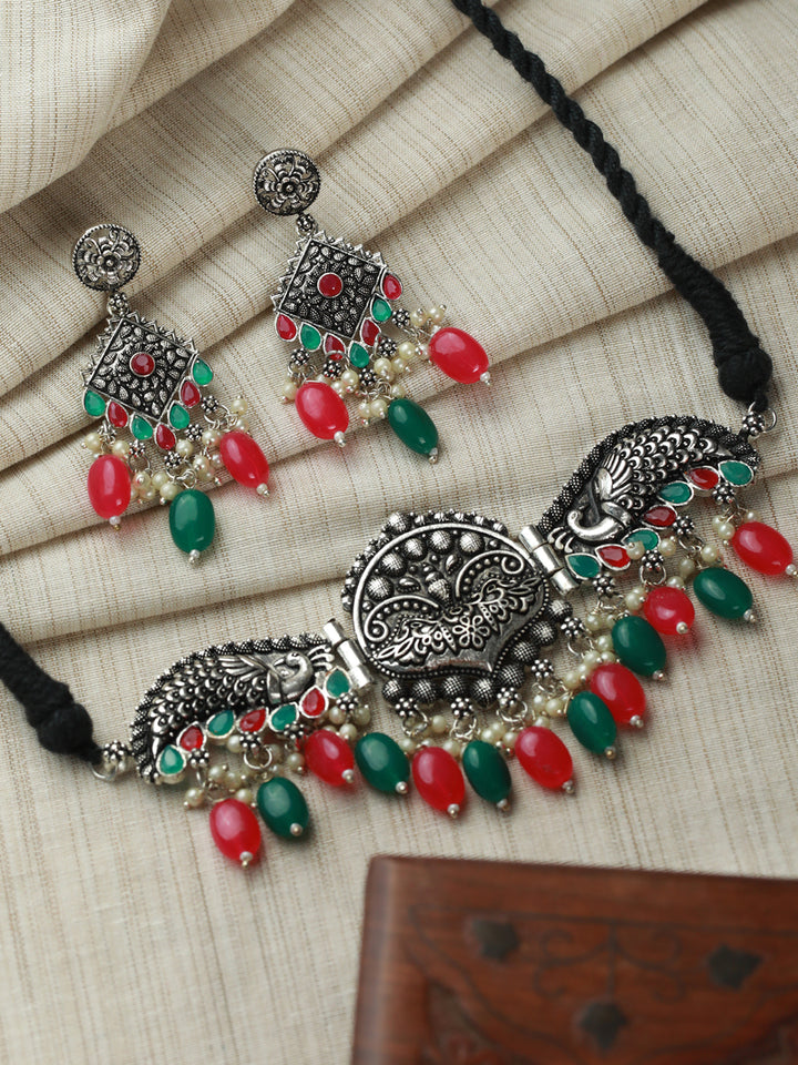 Priyaasi Oxidised Silver Multicolor Peacock Jewellery Set