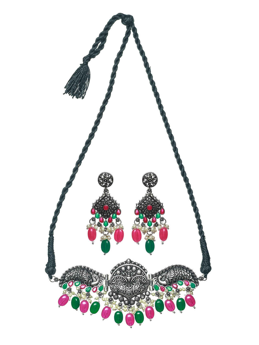 Priyaasi Oxidised Silver Multicolor Peacock Jewellery Set