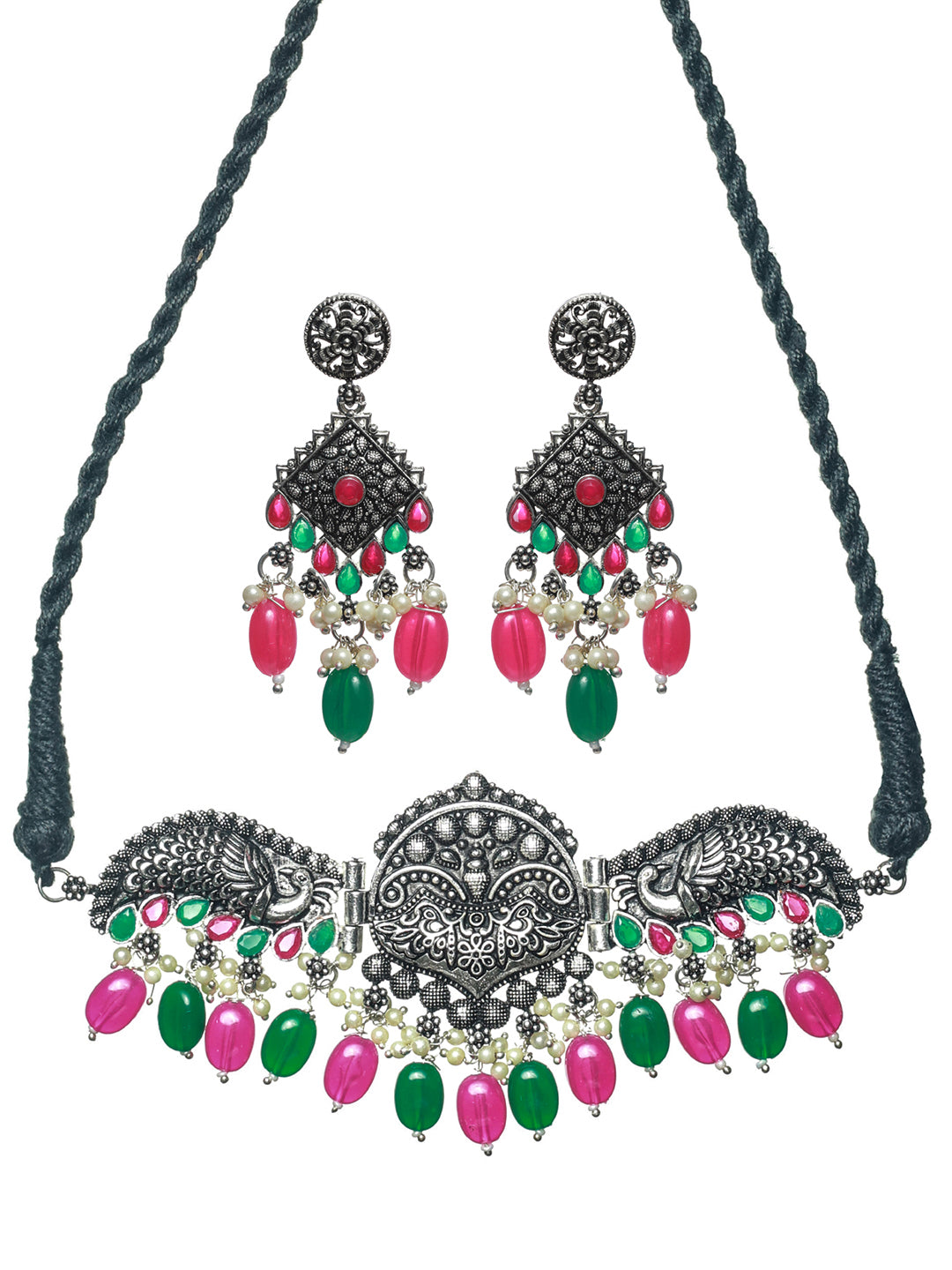 Priyaasi Oxidised Silver Multicolor Peacock Jewellery Set