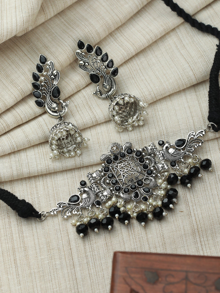 Priyaasi Oxidised Silver Studded Peacock Pearl Jewellery Set