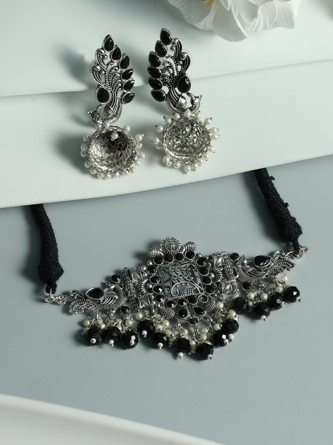 Priyaasi Oxidised Silver Studded Peacock Pearl Jewellery Set