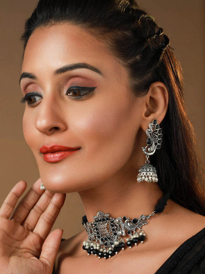 Priyaasi Oxidised Silver Studded Peacock Pearl Jewellery Set
