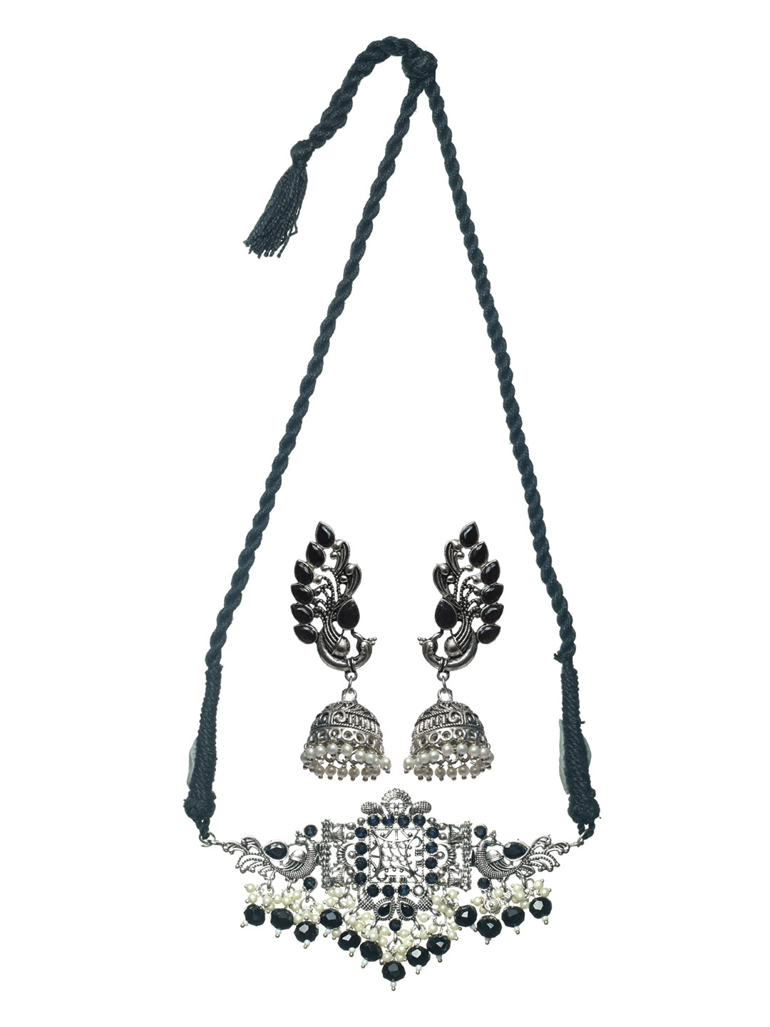 Priyaasi Oxidised Silver Studded Peacock Pearl Jewellery Set