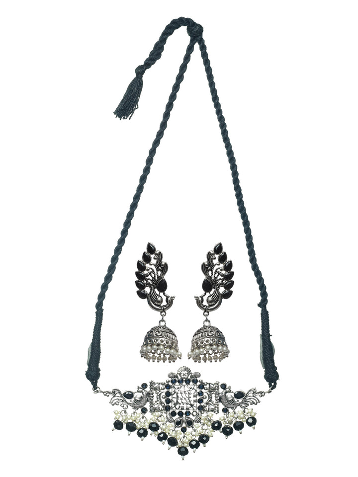 Priyaasi Oxidised Silver Studded Peacock Pearl Jewellery Set