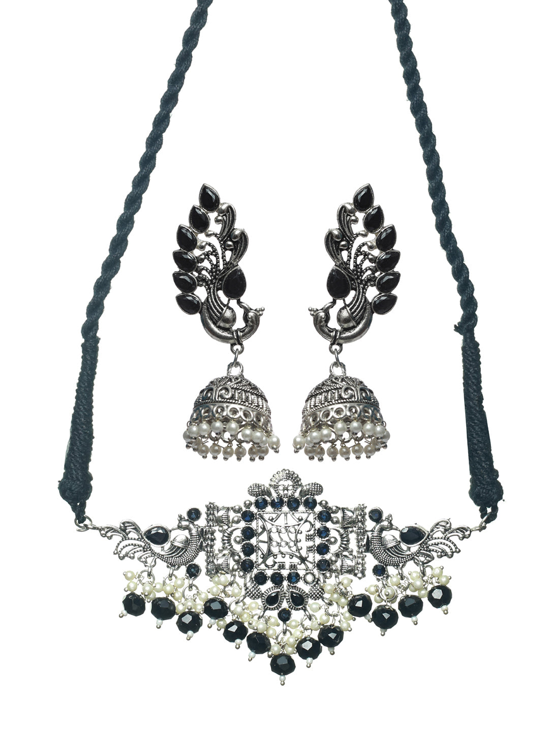 Priyaasi Oxidised Silver Studded Peacock Pearl Jewellery Set