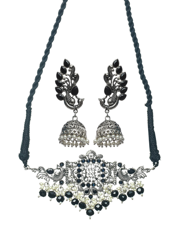 Priyaasi Oxidised Silver Studded Peacock Pearl Jewellery Set