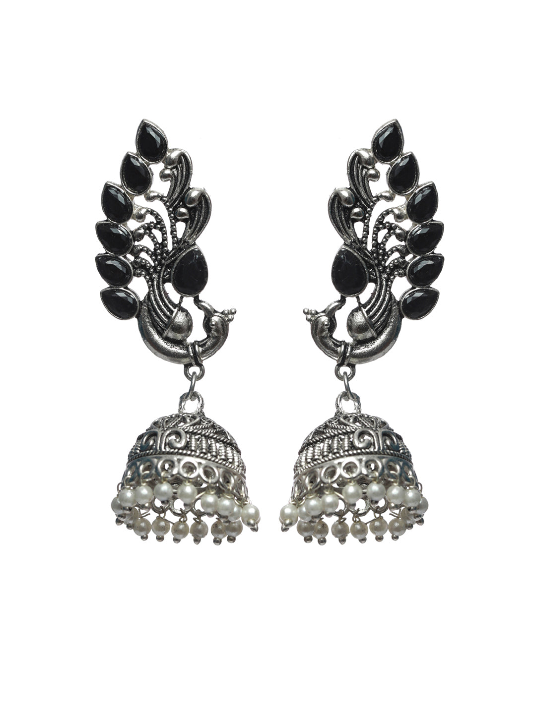 Priyaasi Oxidised Silver Studded Peacock Pearl Jewellery Set