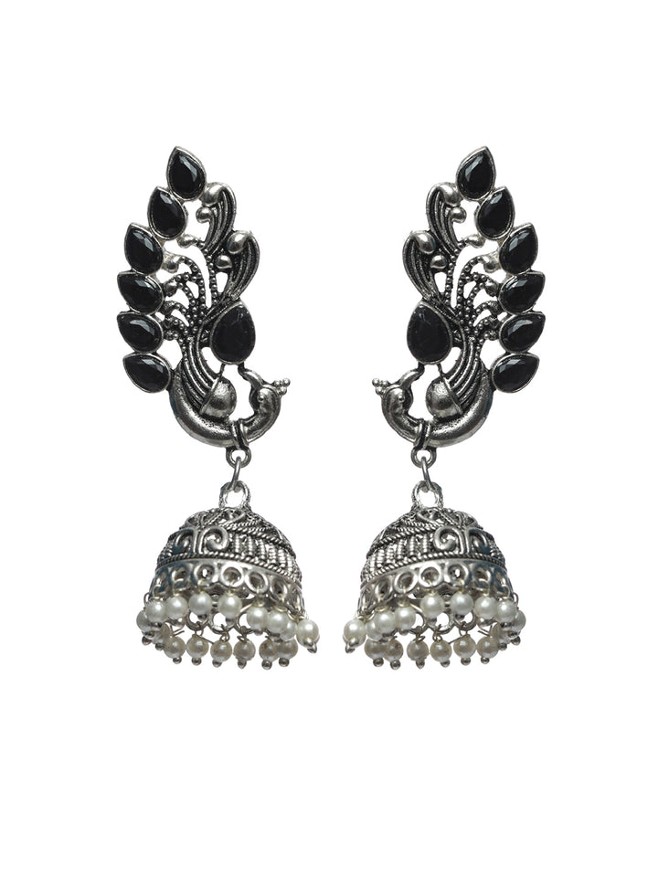 Priyaasi Oxidised Silver Studded Peacock Pearl Jewellery Set