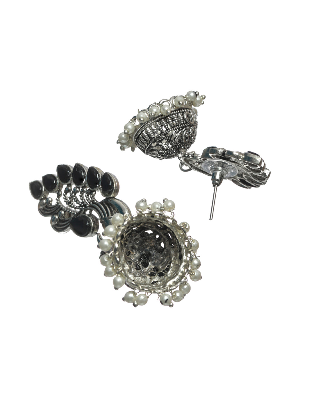 Priyaasi Oxidised Silver Studded Peacock Pearl Jewellery Set