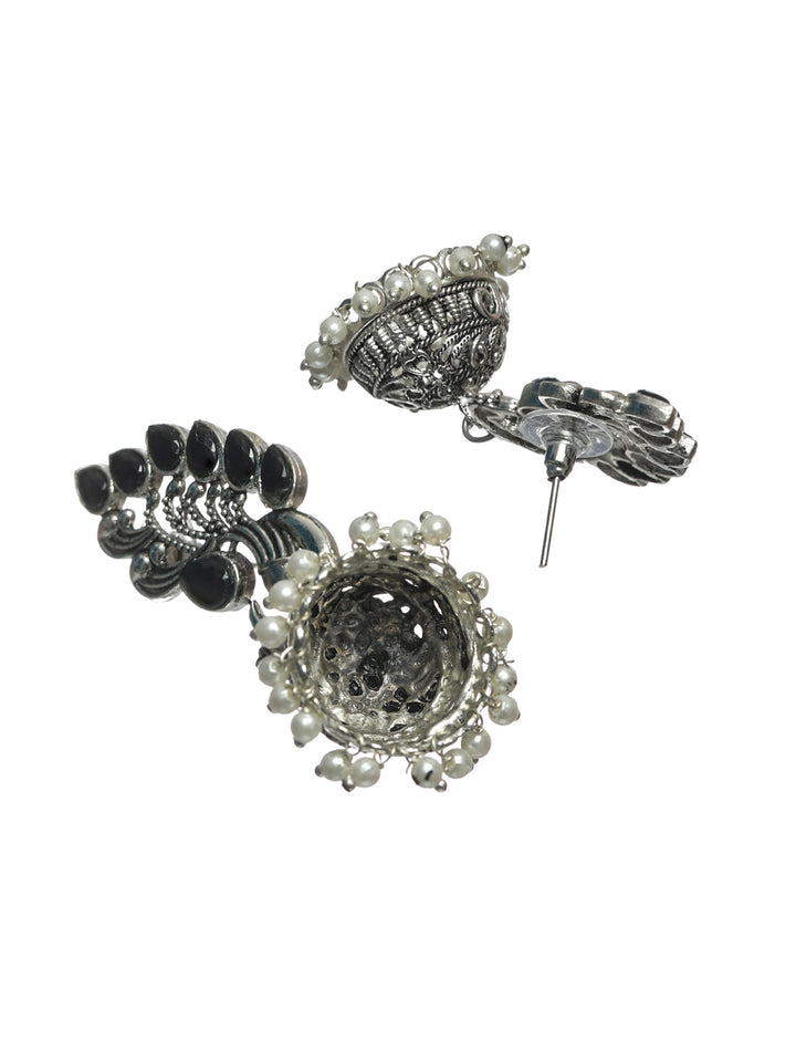 Priyaasi Oxidised Silver Studded Peacock Pearl Jewellery Set
