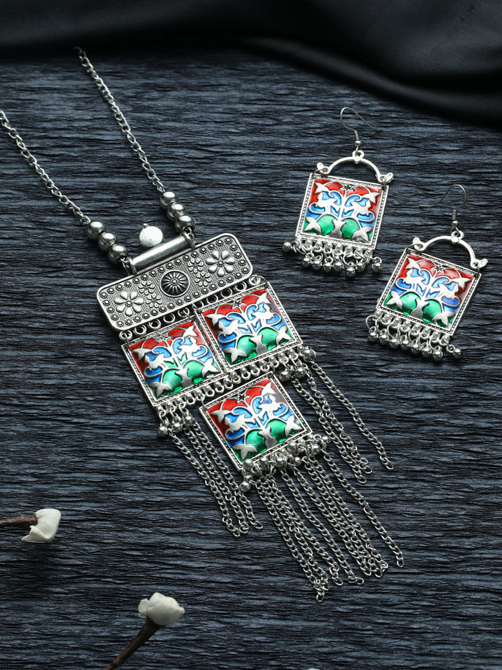 Priyaasi Oxidised Silver Multicolor Square Tassele Jewellery Set