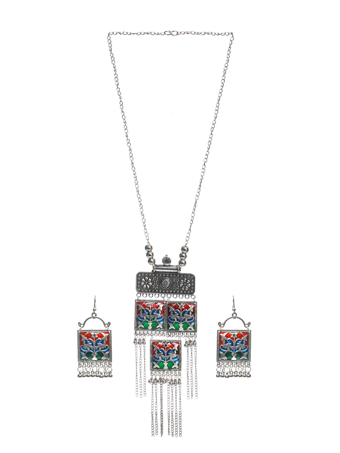 Priyaasi Oxidised Silver Multicolor Square Tassele Jewellery Set