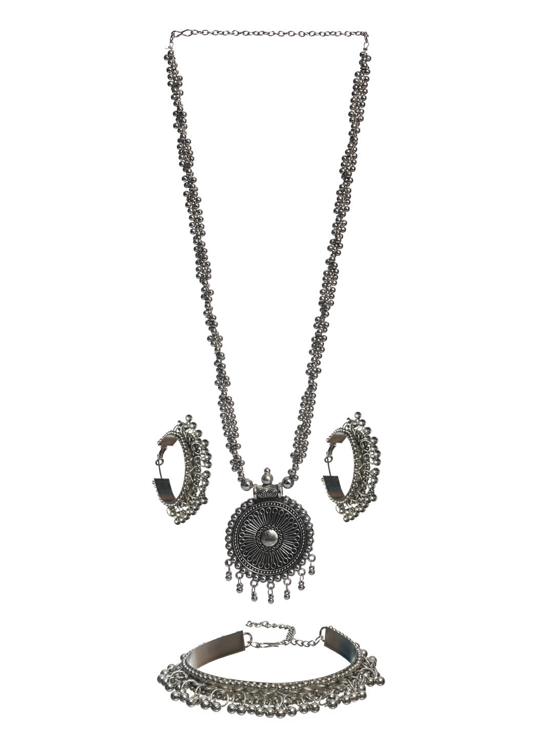 Priyaasi Oxidised Silver Chunky Floral Jewellery Set with Bracelet