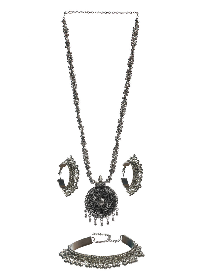 Priyaasi Oxidised Silver Chunky Floral Jewellery Set with Bracelet