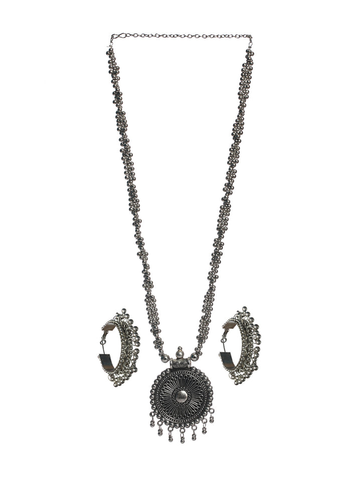 Priyaasi Oxidised Silver Chunky Floral Jewellery Set with Bracelet