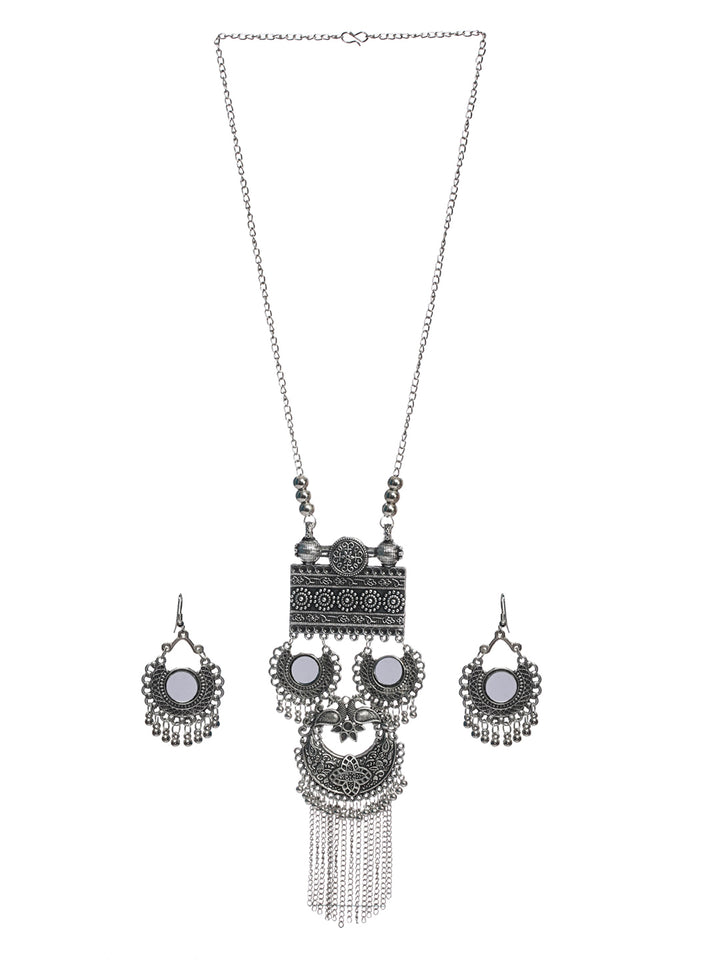 Priyaasi Oxidised Silver Floral Mirror Tasseled Jewellery Set