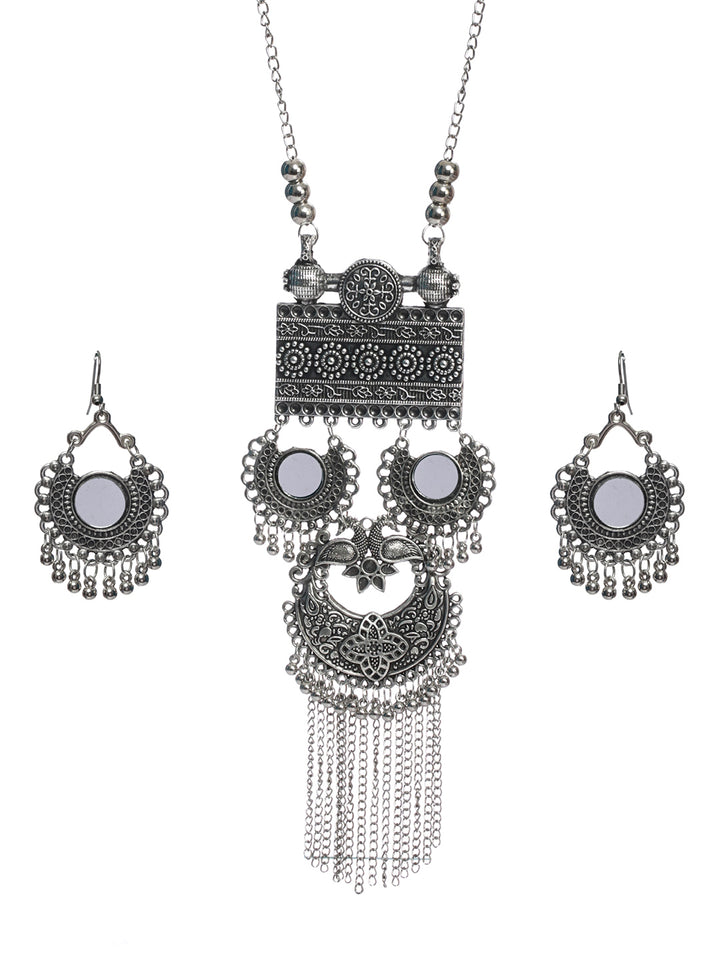 Priyaasi Oxidised Silver Floral Mirror Tasseled Jewellery Set