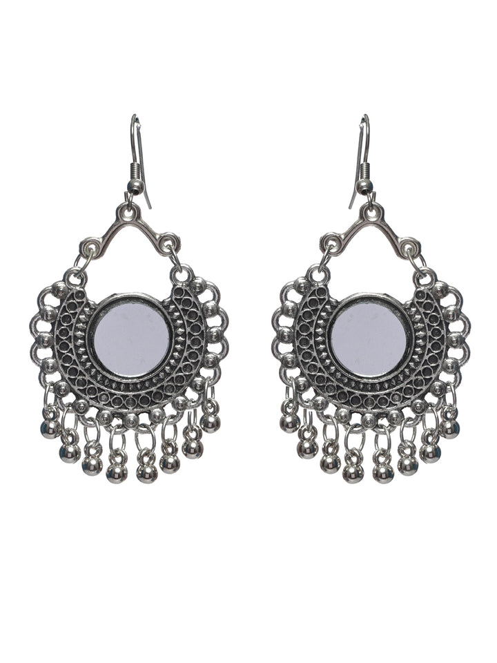 Priyaasi Oxidised Silver Floral Mirror Tasseled Jewellery Set