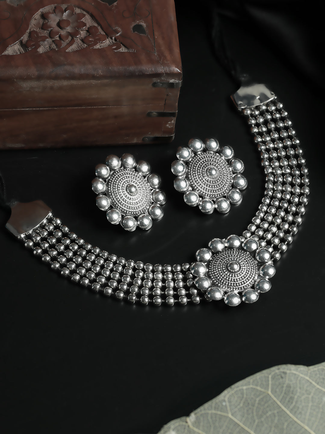 Priyaasi Oxidised Silver Floral Multilayer Chain Jewellery Set