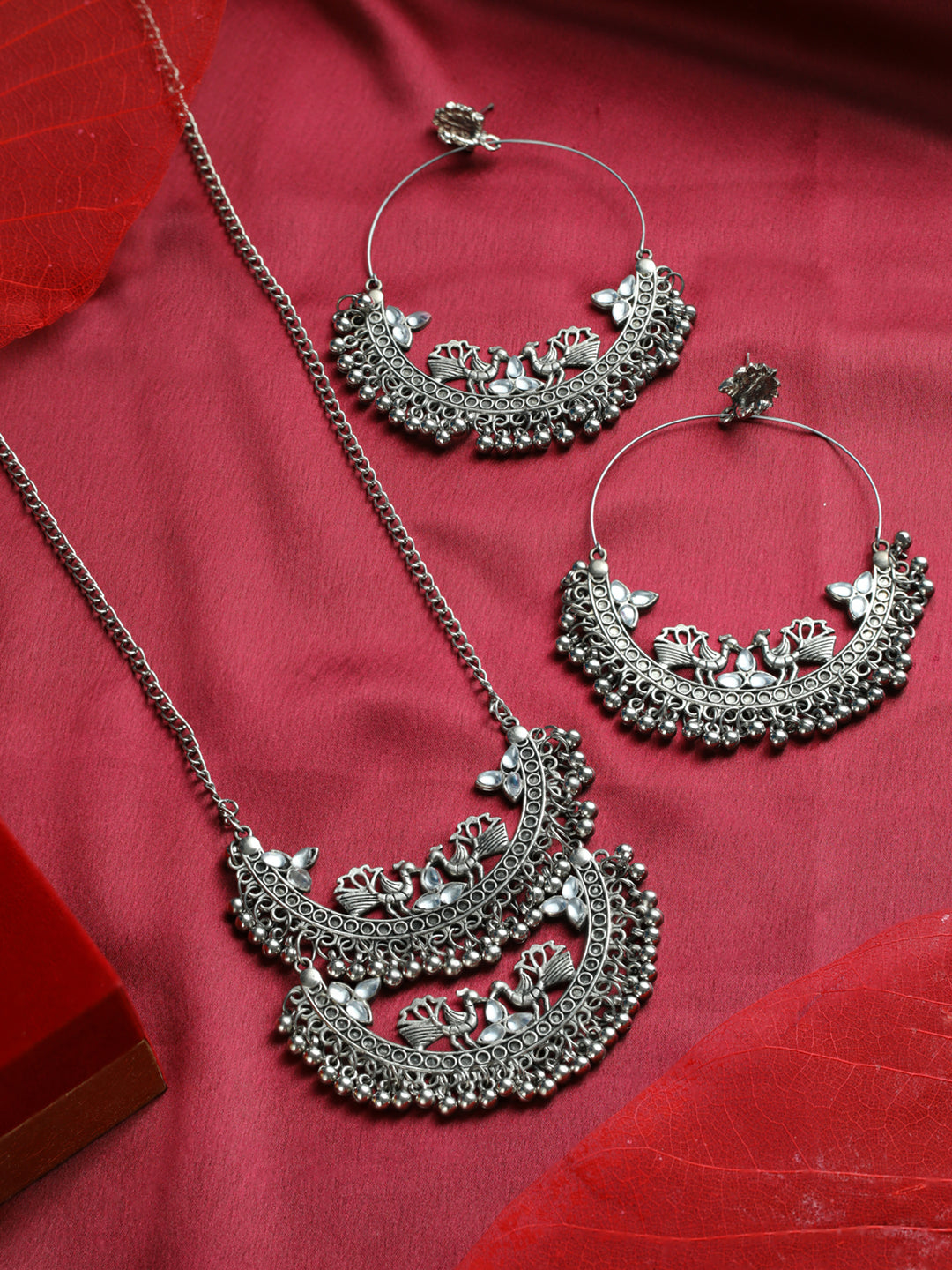 Priyaasi Oxidised Silver Studded Round Peacock Jewellery Set