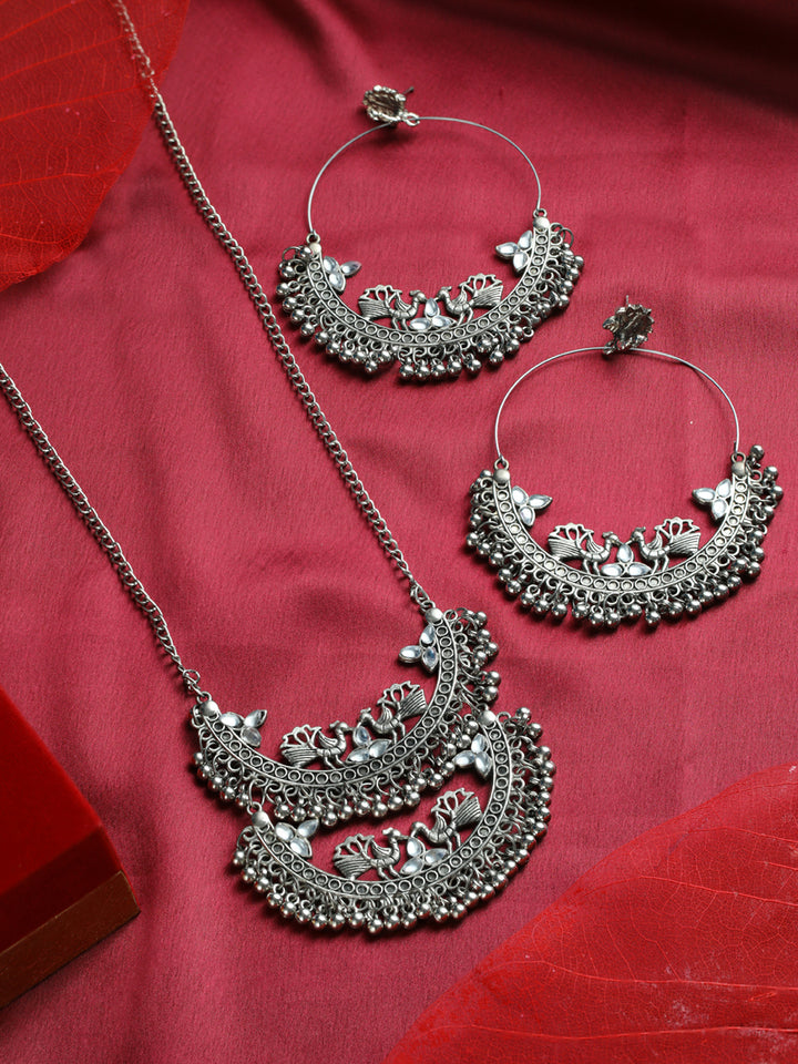 Priyaasi Oxidised Silver Studded Round Peacock Jewellery Set
